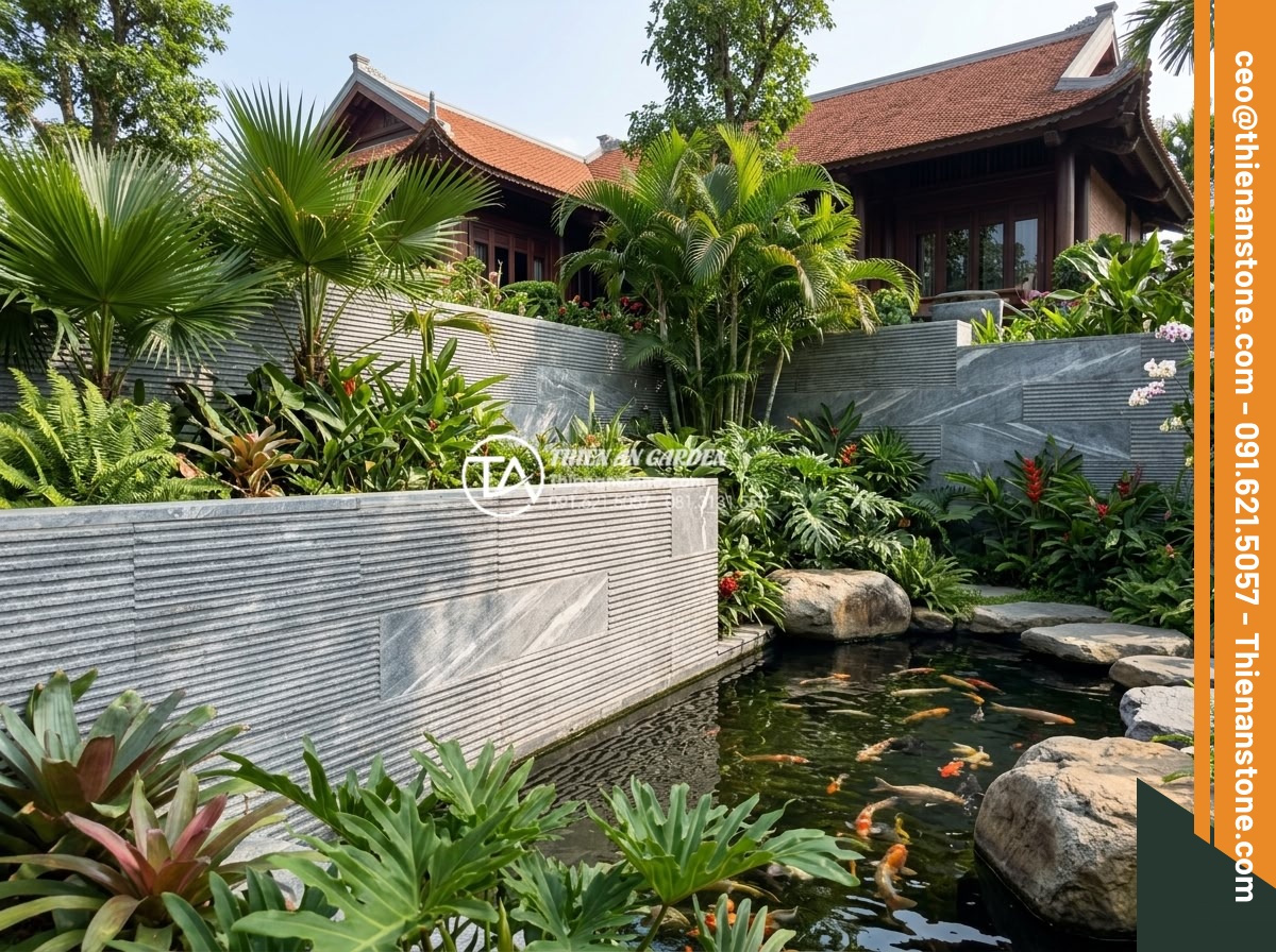 Cách tính diện tích và số lượng đá răng lược cần mua chính xác nhất - Wide angle view of luxurious villa garden featuring comb tooth stone cladding on