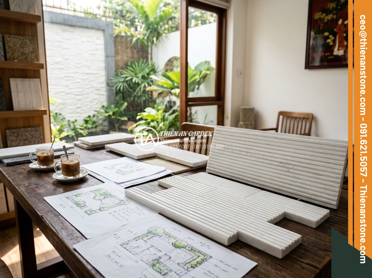 Cách tính diện tích và số lượng đá răng lược cần mua chính xác nhất - Happy client consultation scene at stone company office discussing garden design