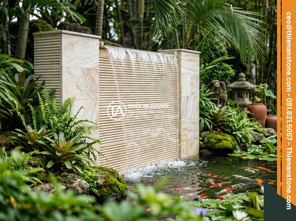 Cách tính diện tích và số lượng đá răng lược cần mua chính xác nhất - Realistic image of comb tooth stone used as waterfall feature in koi pond garden
