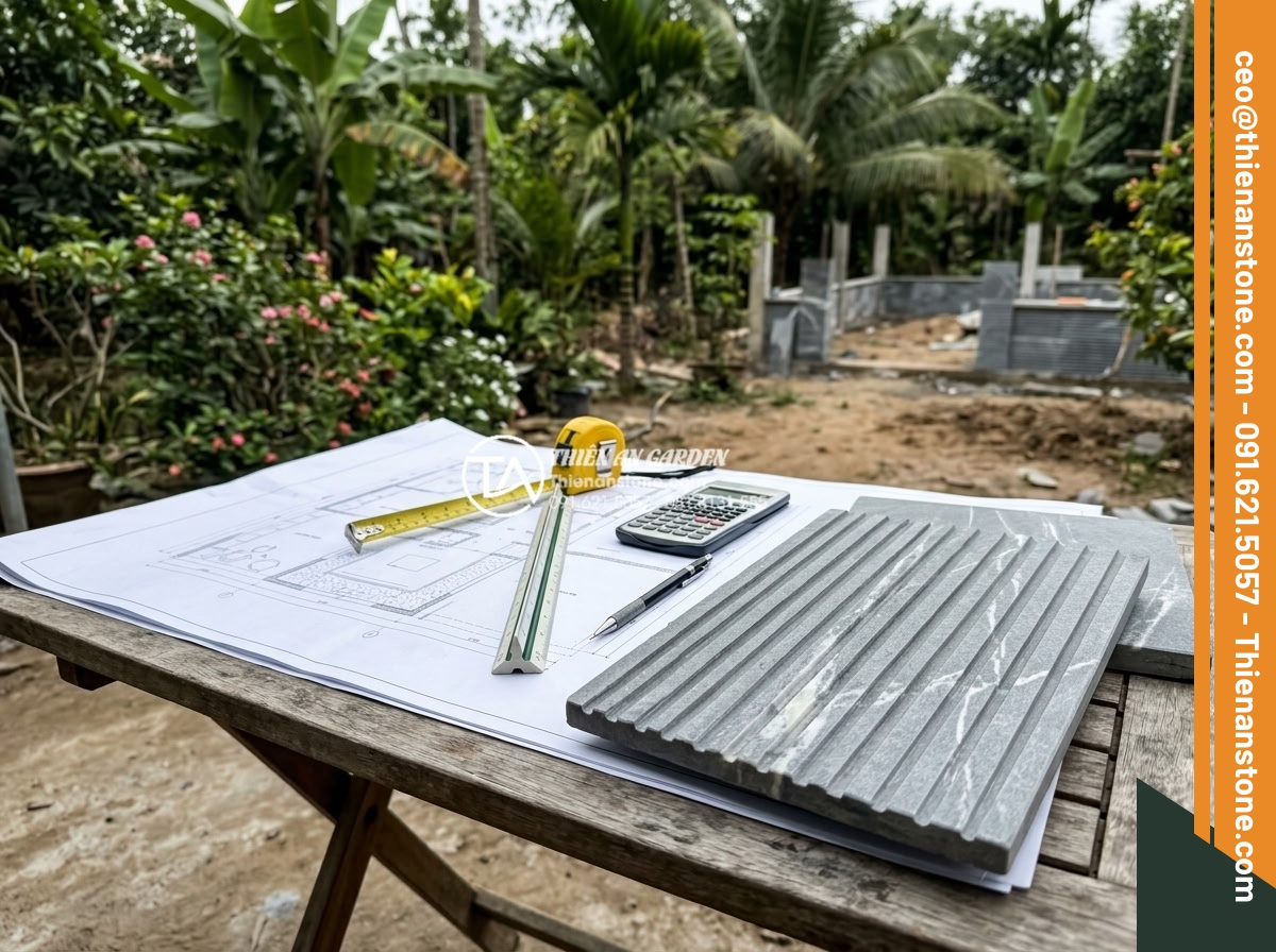 Cách tính diện tích và số lượng đá răng lược cần mua chính xác nhất - Professional architect using measuring tools and blueprint to calculate stone ar