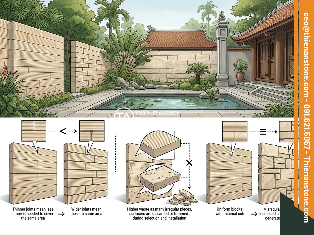 Cách tính diện tích và số lượng đá răng lược cần mua chính xác nhất - Detailed diagram illustration showing different factors affecting stone usage ra