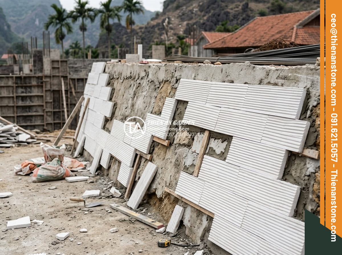 Cách tính diện tích và số lượng đá răng lược cần mua chính xác nhất - Construction site photo displaying irregular terrain wall being clad with comb t
