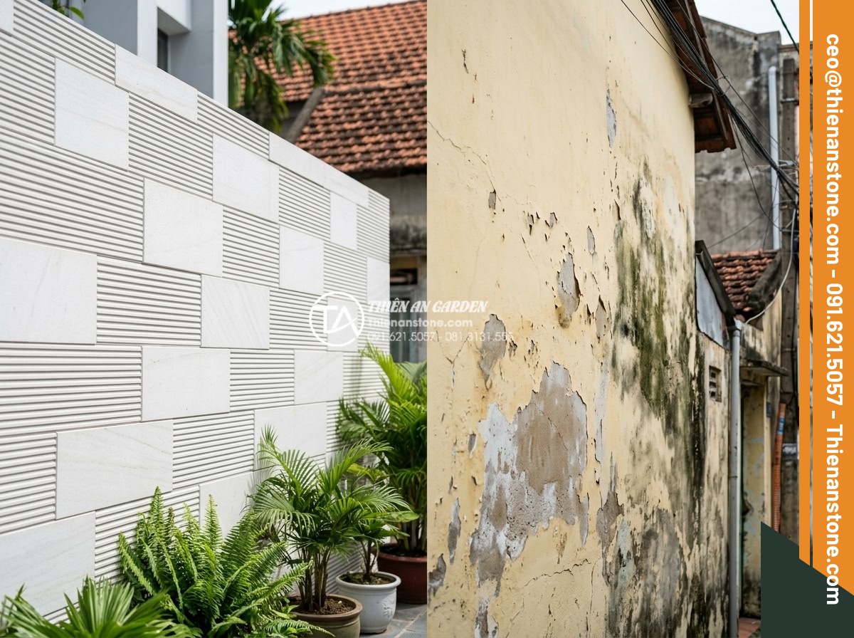 Case Study: Cải tạo mảng tường cũ bằng đá răng lược xám tại biệt thự Quận 2 - Hình 17 Case Study: Cải tạo mảng tường cũ bằng đá răng lược xám tại biệt thự Quận 2 - Long term benefits infographic style photo showing aged stone wall after 10 year