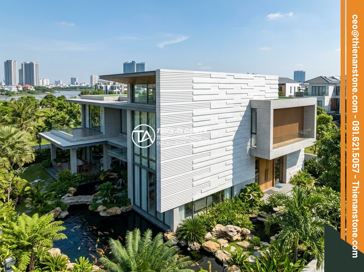 Case Study: Cải tạo mảng tường cũ bằng đá răng lược xám tại biệt thự Quận 2 - Hình 5 Case Study: Cải tạo mảng tường cũ bằng đá răng lược xám tại biệt thự Quận 2 - Luxury villa exterior in District 2 with gray tooth comb stone accent wall blend