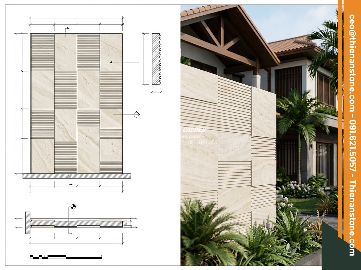 Case Study: Cải tạo mảng tường cũ bằng đá răng lược xám tại biệt thự Quận 2 - Hình 8 Case Study: Cải tạo mảng tường cũ bằng đá răng lược xám tại biệt thự Quận 2 - Detailed technical blueprint and 3D rendering of the stone wall renovation plan