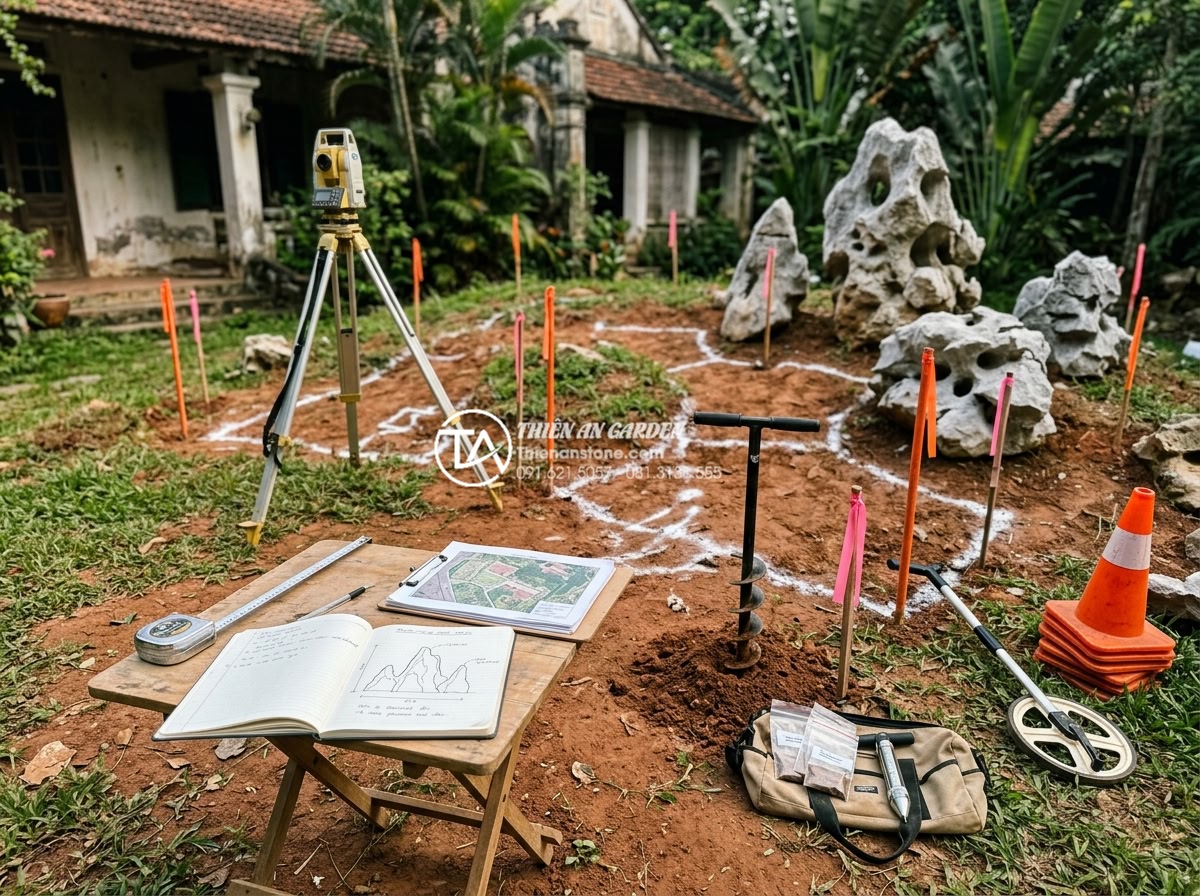 Case study: Công trình hòn non bộ đá tai mèo khủng tại biệt thự Hà Nội - On-site survey team at the Hanoi villa documenting terrain, marking positions fo