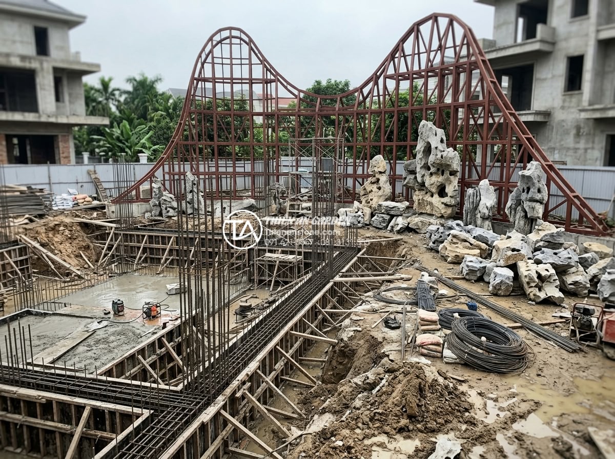 Case study: Công trình hòn non bộ đá tai mèo khủng tại biệt thự Hà Nội - Construction phase photo of the reinforced concrete foundation and steel frame s