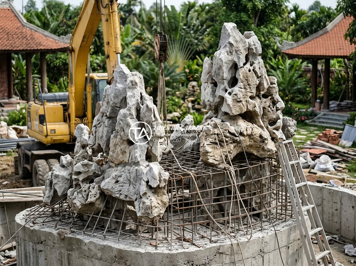Case study: Công trình hòn non bộ đá tai mèo khủng tại biệt thự Hà Nội - Progress image capturing the solid base and supporting framework completed for t
