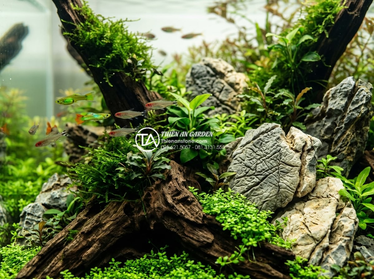 Cây thủy sinh gắn lũa: Tổng hợp các loại cây đẹp và cách trồng bền nhất - Vivid close-up of lush green aquatic plants firmly attached to textured driftwoo