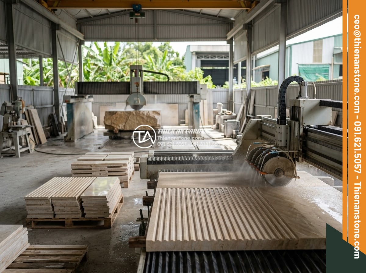 Checklist 5 bước kiểm tra chất lượng đá răng lược khi nhận hàng - Hình 20 Checklist 5 bước kiểm tra chất lượng đá răng lược khi nhận hàng - Modern stone processing factory showing cutting and grooving stages for da rang