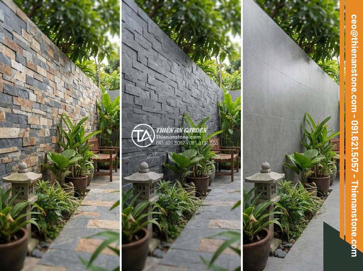 Đá ghép 4 màu có tốt không? Đánh giá độ bền và tính thẩm mỹ thực tế - Side-by-side comparison images of 4-color stone vs single color stone vs modern 