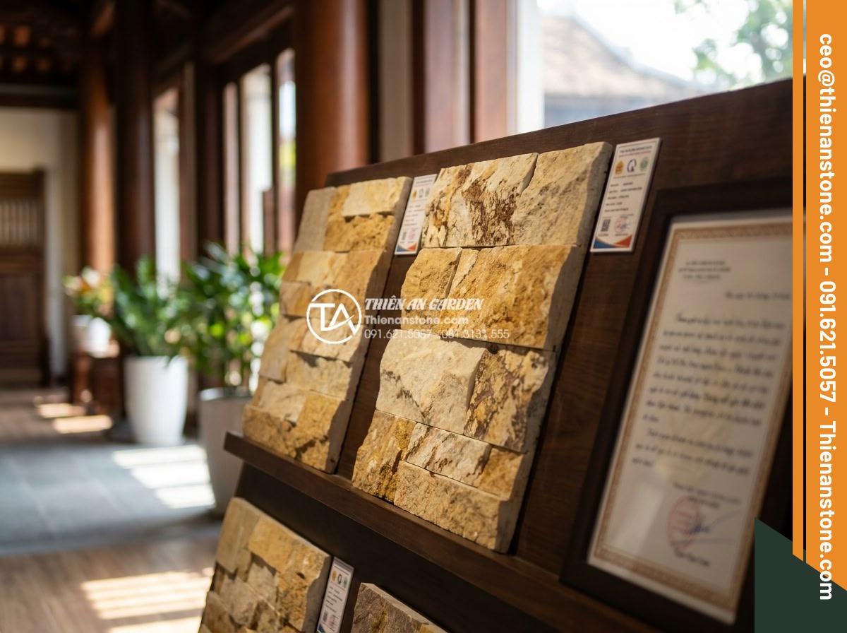 Đá ghép 4 màu có tốt không? Đánh giá độ bền và tính thẩm mỹ thực tế - Professional showroom display of high-quality 4-color stone samples with certifi