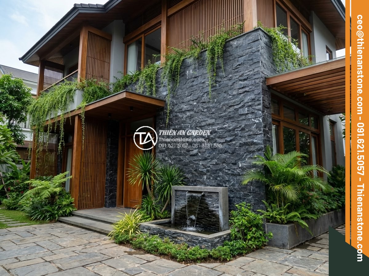 Đá ghép 4 màu có tốt không? Đánh giá độ bền và tính thẩm mỹ thực tế - Wide-angle view of a modern villa exterior featuring 4-color stone mosaic wall c