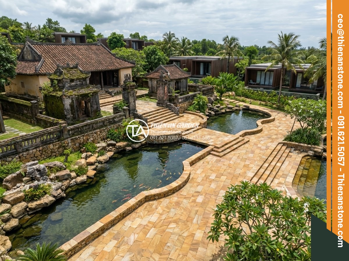 Đá ghép 4 màu có tốt không? Đánh giá độ bền và tính thẩm mỹ thực tế - Aerial view of a luxury resort landscape in Vietnam using extensive 4-color natu