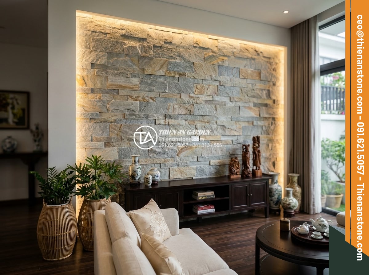 Đá ghép đen và đá ghép vân gỗ: Sự kết hợp hoàn hảo cho không gian nội thất - Luxury living room interior highlighting stone mosaic feature wall with integrat
