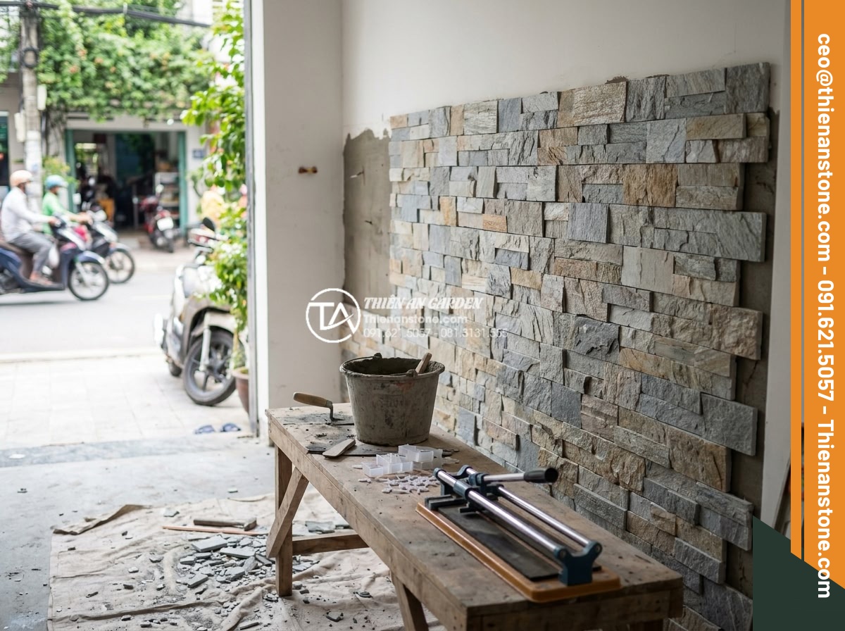 Đá ghép đen và đá ghép vân gỗ: Sự kết hợp hoàn hảo cho không gian nội thất - Professional installation process of mosaic stone tiles on interior wall with to