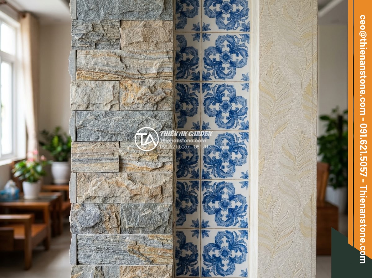 Đá ghép đen và đá ghép vân gỗ: Sự kết hợp hoàn hảo cho không gian nội thất - Comparison chart visual of stone mosaic vs other interior materials like tiles a