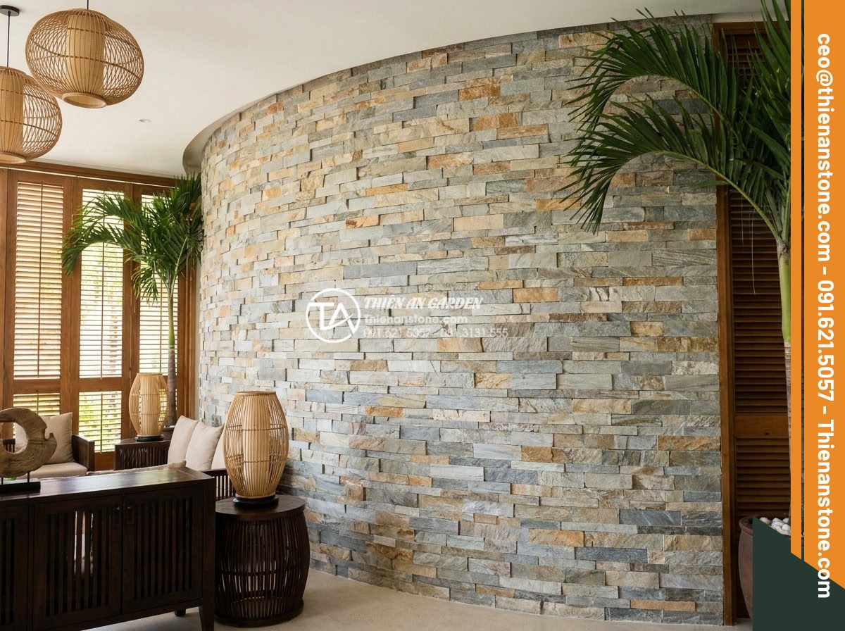 Đá ghép đen và đá ghép vân gỗ: Sự kết hợp hoàn hảo cho không gian nội thất - Resort interior design project showcasing extensive use of natural stone mosaic 