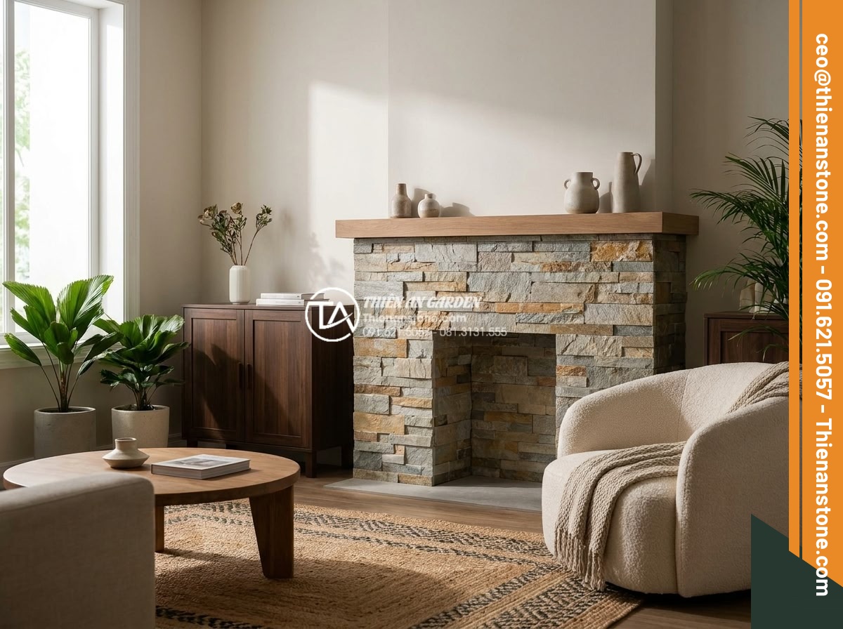 Đá ghép đen và đá ghép vân gỗ: Sự kết hợp hoàn hảo cho không gian nội thất - Warm wood grain mosaic stone fireplace surround in contemporary living room crea