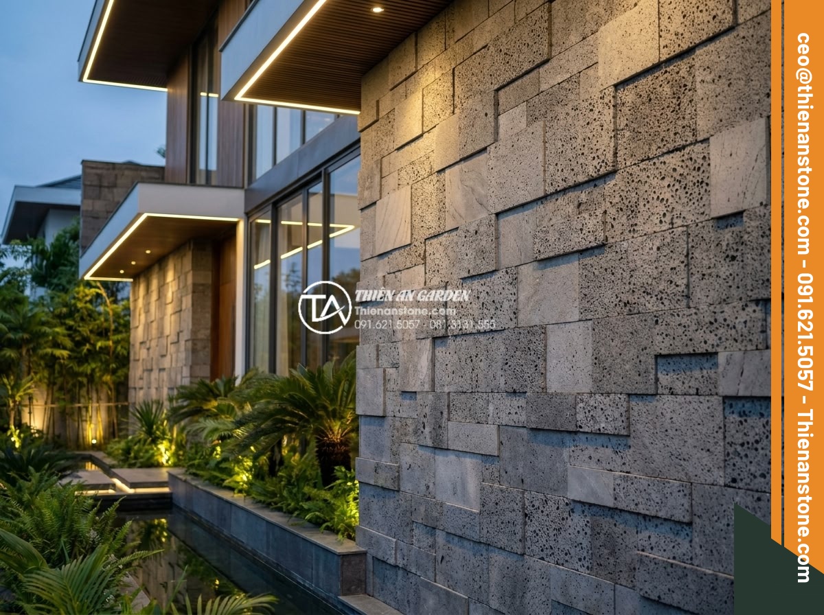 Đá ghép tổ ong xám: Xu hướng lựa chọn hàng đầu cho kiến trúc hiện đại - Exterior view of a high-end modern villa with gray stacked honeycomb stone cladd