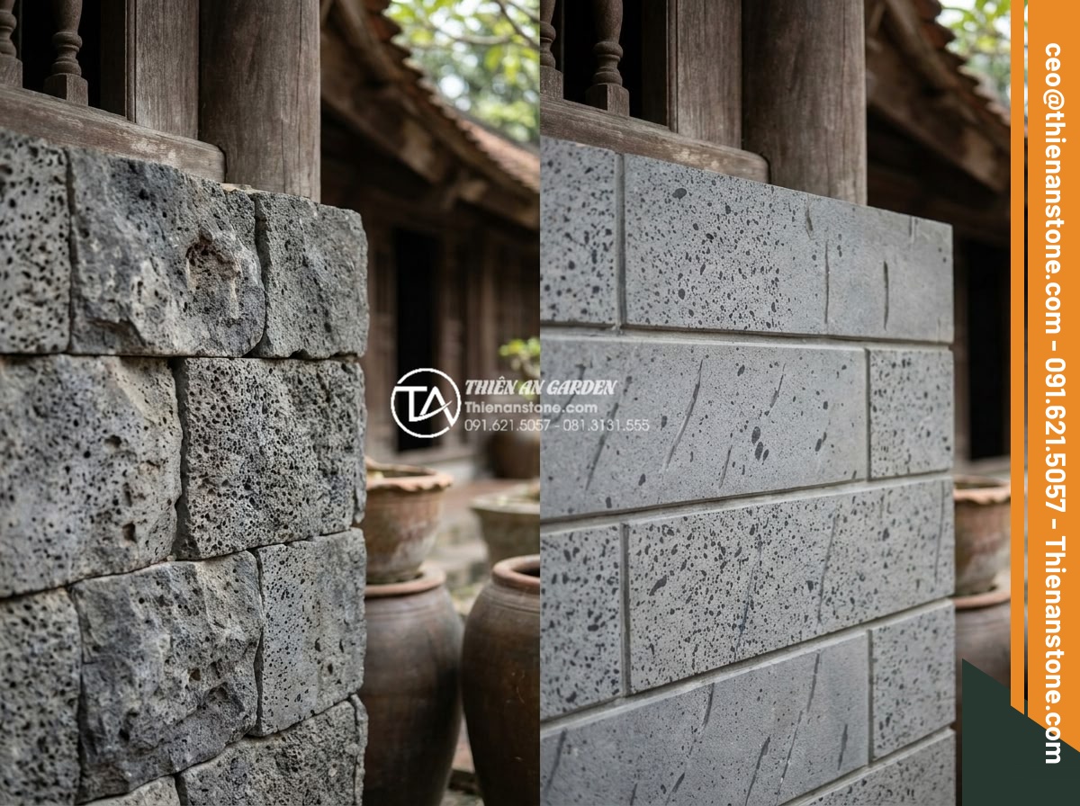 Đá ghép tổ ong xám: Xu hướng lựa chọn hàng đầu cho kiến trúc hiện đại - Side-by-side comparison photograph of natural gray honeycomb stacked stone versu