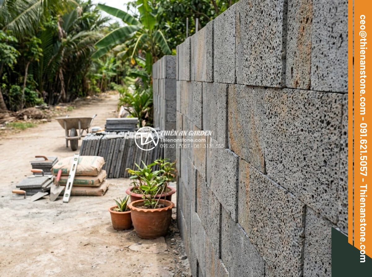 Đá ghép tổ ong xám: Xu hướng lựa chọn hàng đầu cho kiến trúc hiện đại - Completed professional installation of honeycomb stacked stone on a large garden