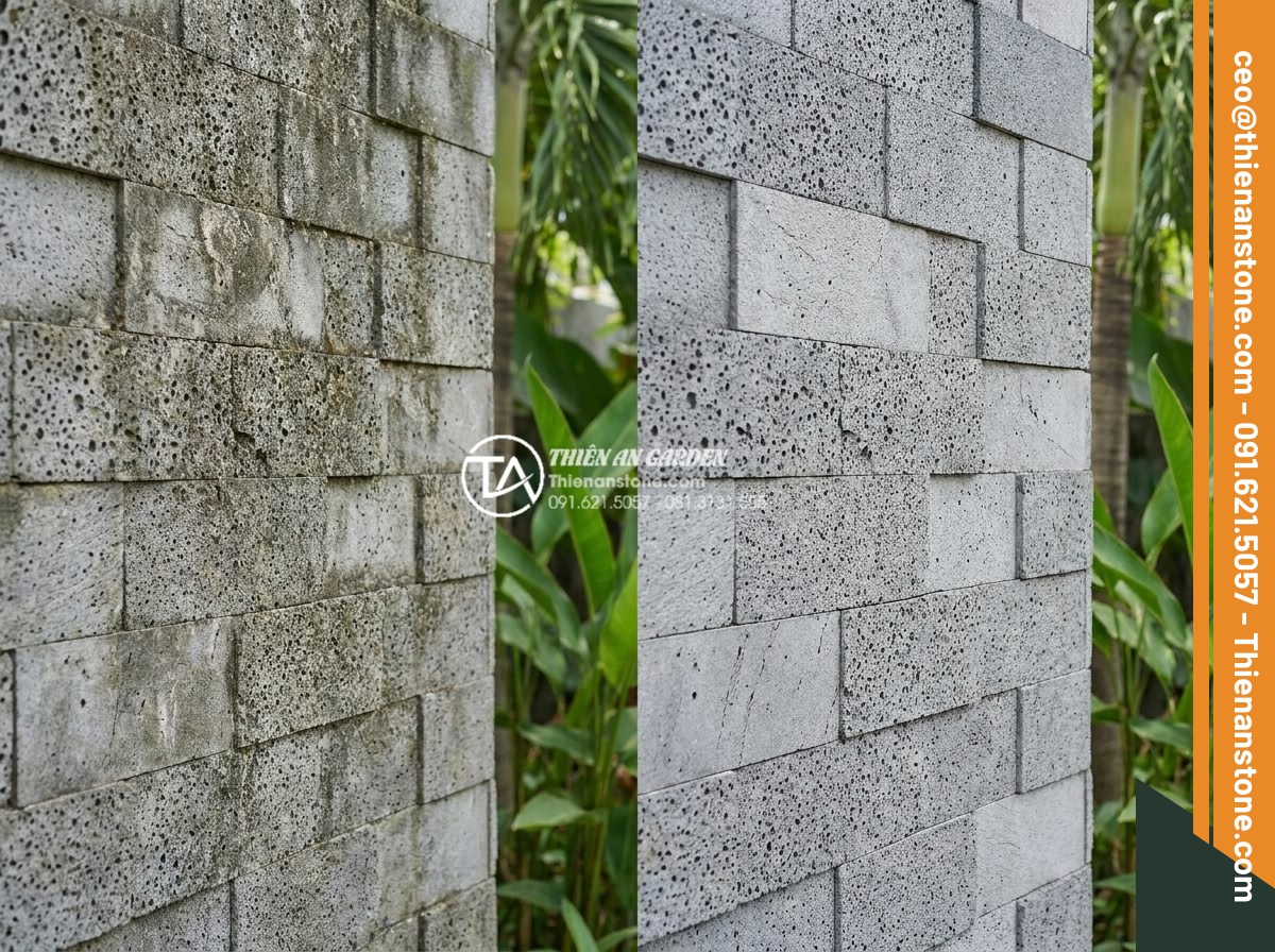 Đá ghép tổ ong xám: Xu hướng lựa chọn hàng đầu cho kiến trúc hiện đại - Before and after cleaning demonstration of gray honeycomb stacked stone surface,