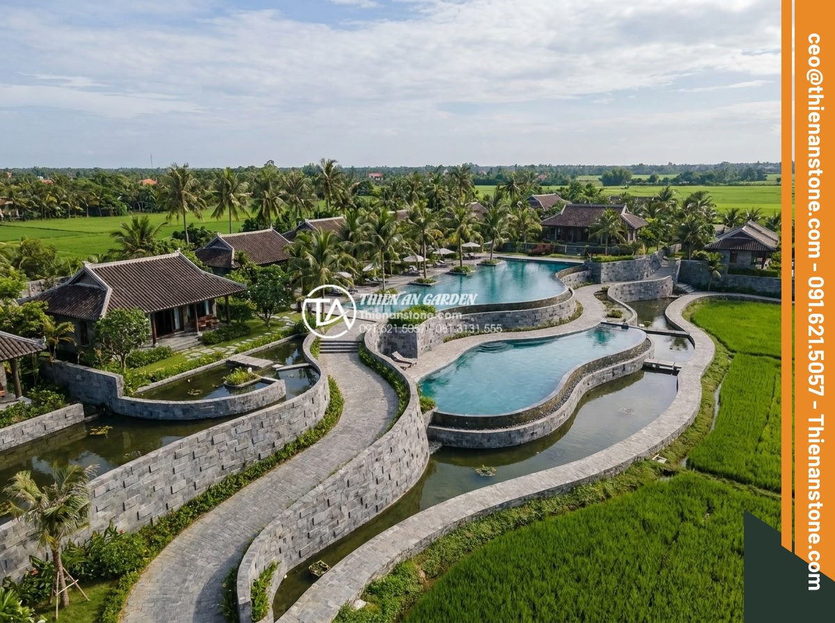 Đá ghép tổ ong xám: Xu hướng lựa chọn hàng đầu cho kiến trúc hiện đại - Aerial view of a completed luxury resort project featuring extensive use of gray