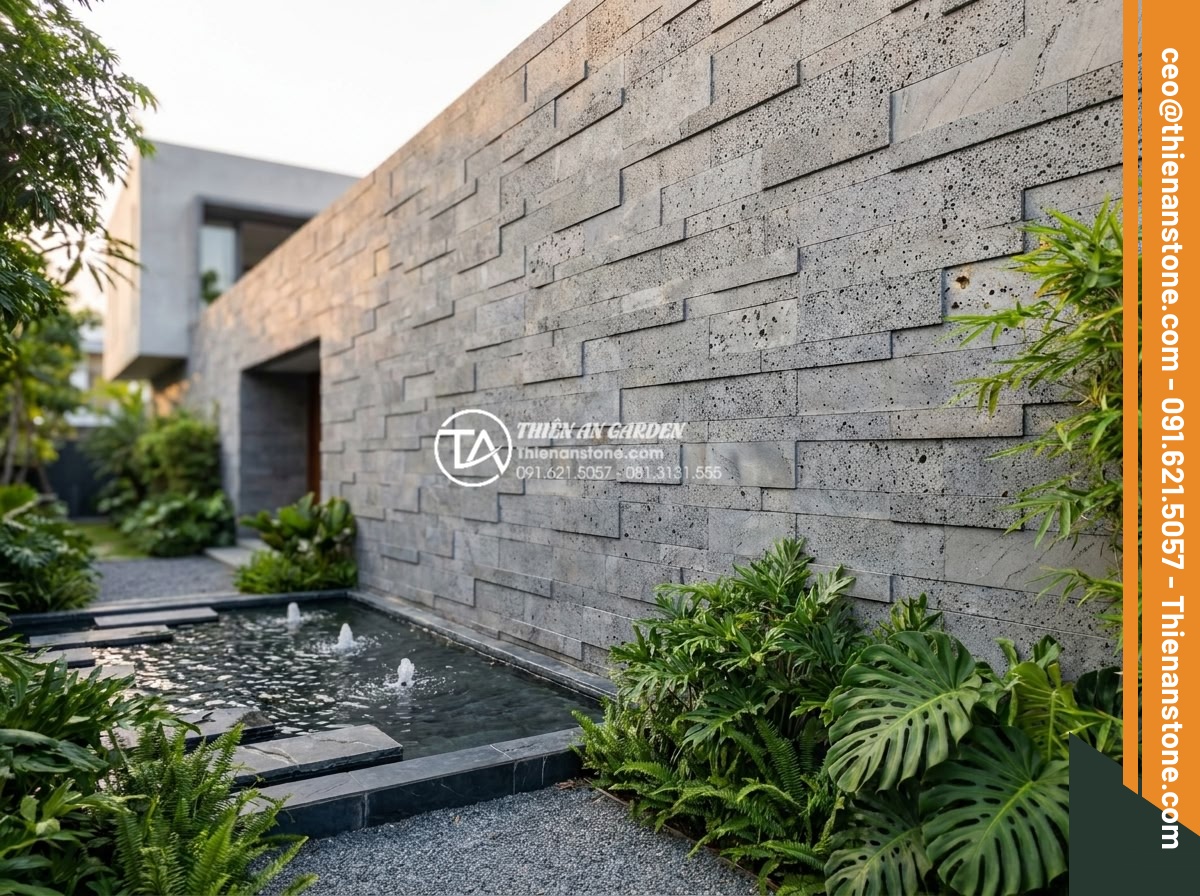 Đá ghép tổ ong xám: Xu hướng lựa chọn hàng đầu cho kiến trúc hiện đại - Wide angle view of a modern minimalist exterior wall completely covered in gray 