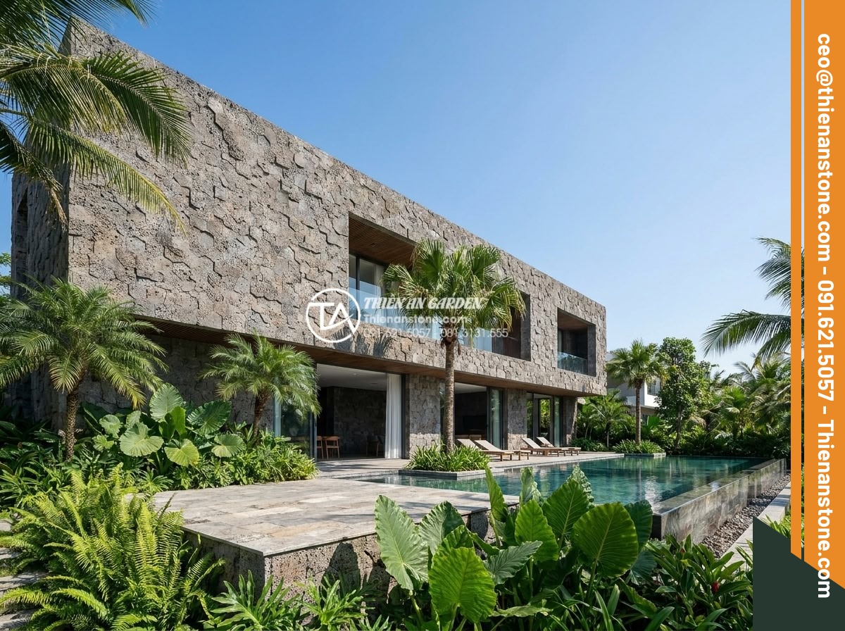 Đá ghép tổ ong xám: Xu hướng lựa chọn hàng đầu cho kiến trúc hiện đại - Panoramic image of a contemporary luxury villa exterior with entire facade clad 