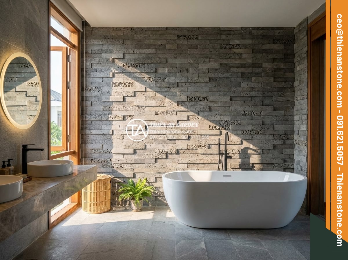 Đá ghép tổ ong xám: Xu hướng lựa chọn hàng đầu cho kiến trúc hiện đại - Luxurious bathroom interior featuring gray honeycomb stacked stone accent wall w