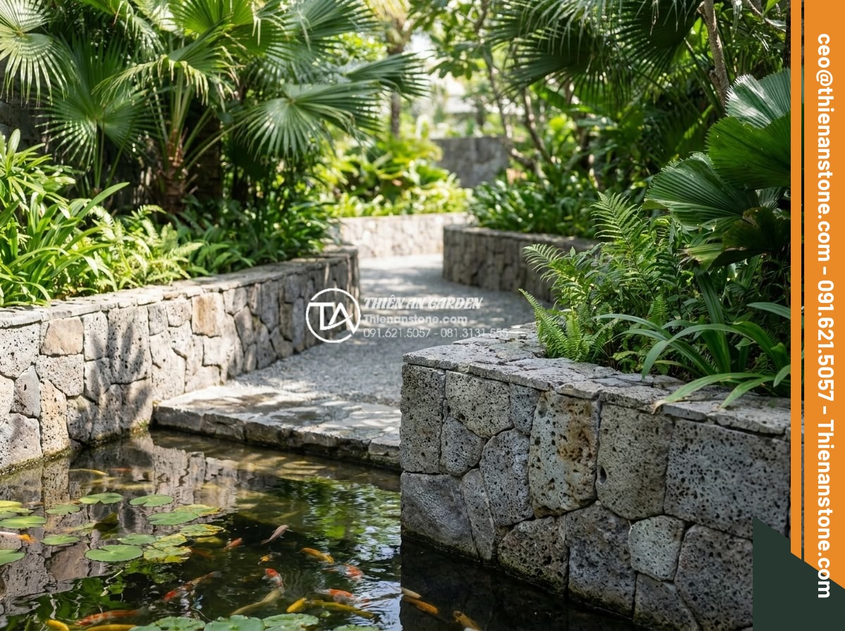 Đá ghép tổ ong xám: Xu hướng lựa chọn hàng đầu cho kiến trúc hiện đại - Realistic photo of a luxury resort garden pathway lined with gray honeycomb stac