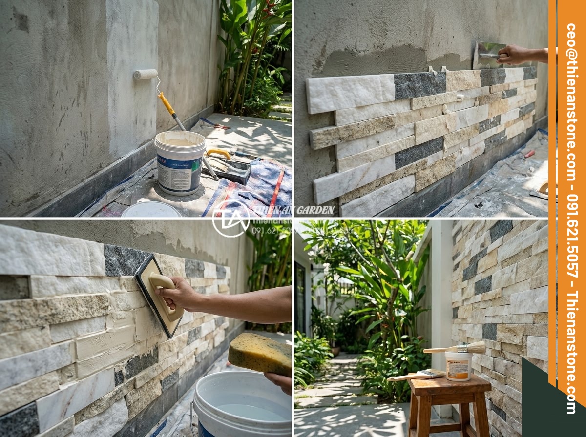 Đá ghép trang trí tường: Checklist 5 bước kiểm tra trước khi nghiệm thu - Hình 11 Đá ghép trang trí tường: Checklist 5 bước kiểm tra trước khi nghiệm thu - Step-by-step professional installation process of natural stone mosaic wall show