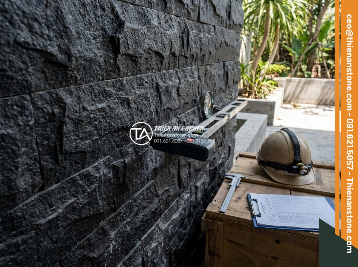 Đá ghép trang trí tường: Checklist 5 bước kiểm tra trước khi nghiệm thu - Hình 13 Đá ghép trang trí tường: Checklist 5 bước kiểm tra trước khi nghiệm thu - Professional inspection team using tools to check natural stone mosaic wall qual
