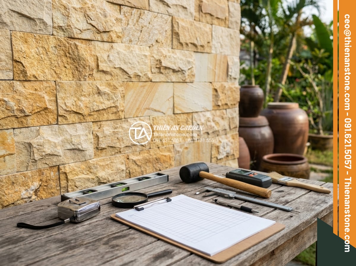 Đá ghép trang trí tường: Checklist 5 bước kiểm tra trước khi nghiệm thu - Hình 15 Đá ghép trang trí tường: Checklist 5 bước kiểm tra trước khi nghiệm thu - Professional checklist documentation and tools used during 5-step pre-acceptance