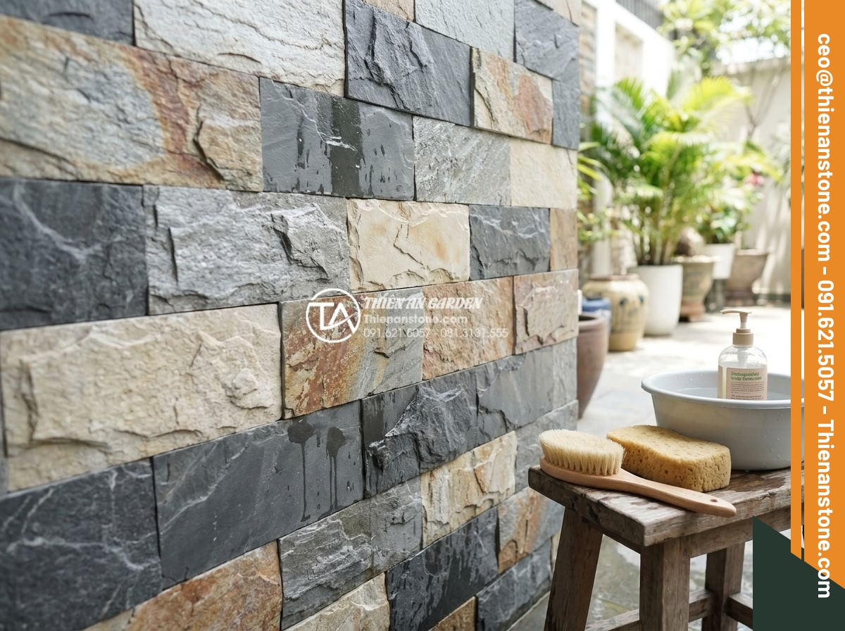 Đá ghép trang trí tường: Checklist 5 bước kiểm tra trước khi nghiệm thu - Hình 19 Đá ghép trang trí tường: Checklist 5 bước kiểm tra trước khi nghiệm thu - Maintenance process showing gentle cleaning of natural stone mosaic decorative w