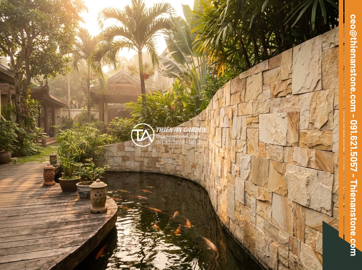 Đá ghép trang trí tường: Checklist 5 bước kiểm tra trước khi nghiệm thu - Hình 5 Đá ghép trang trí tường: Checklist 5 bước kiểm tra trước khi nghiệm thu - Beautiful landscape photo of a residential garden with natural stone mosaic deco