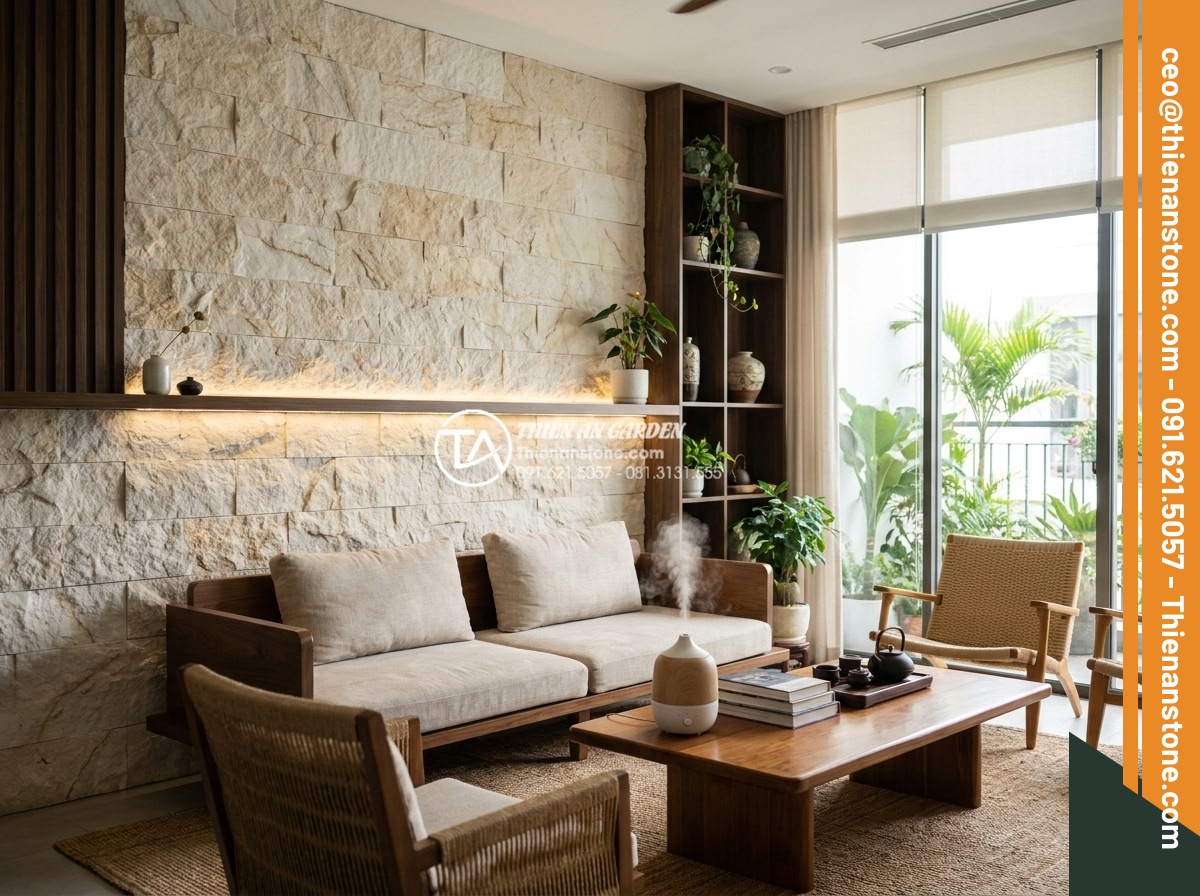 Đá ghép vân gỗ ốp tường: Giải pháp chống ẩm mốc tuyệt đối cho nhà phố - Hình 13 Đá ghép vân gỗ ốp tường: Giải pháp chống ẩm mốc tuyệt đối cho nhà phố - Luxurious townhouse living room with feature wall in wood grain stone mosaic til