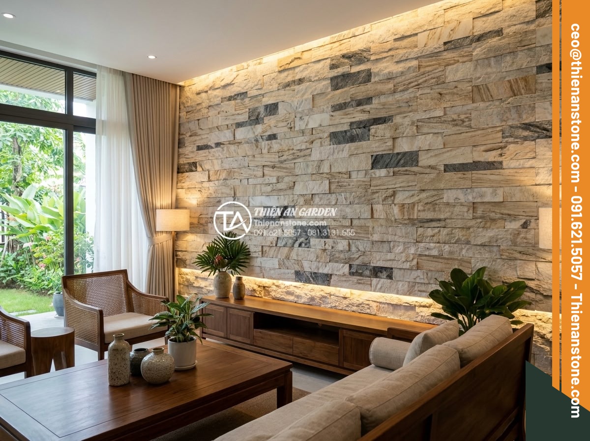 Đá ghép vân gỗ ốp tường: Giải pháp chống ẩm mốc tuyệt đối cho nhà phố - Hình 2 Đá ghép vân gỗ ốp tường: Giải pháp chống ẩm mốc tuyệt đối cho nhà phố - Wide angle view of a complete living room wall covered in wood vein stone mosaic
