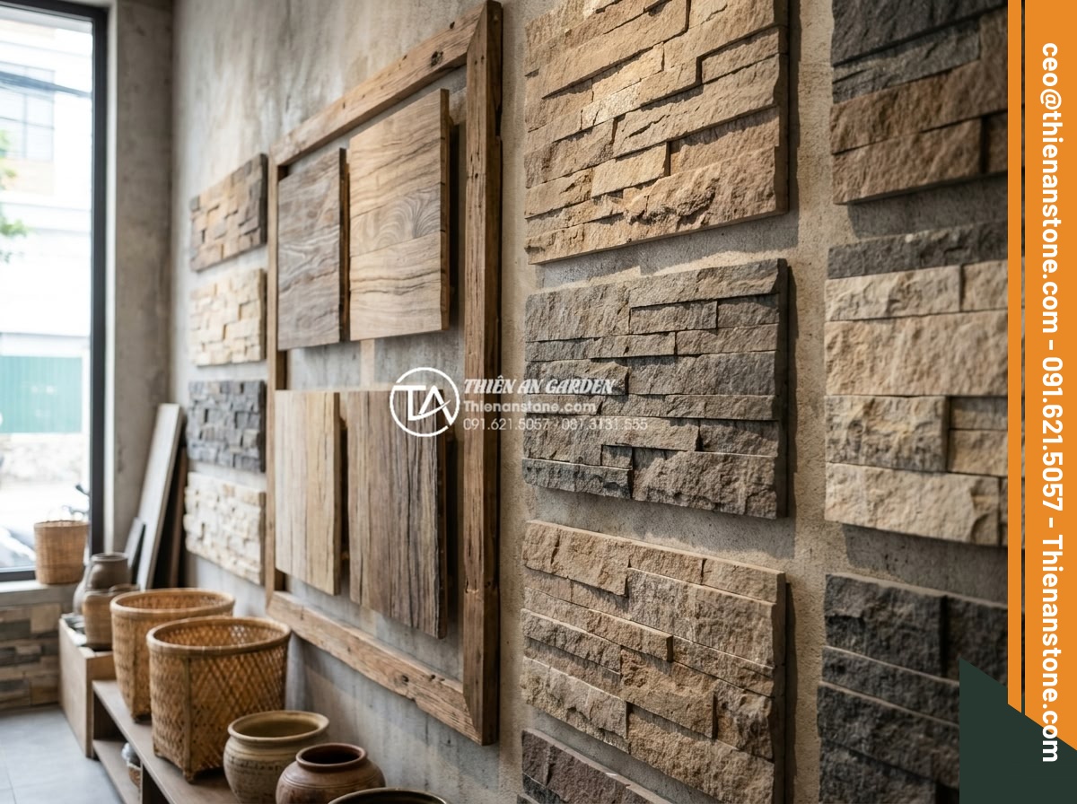 Đá ghép vân gỗ ốp tường: Giải pháp chống ẩm mốc tuyệt đối cho nhà phố - Hình 7 Đá ghép vân gỗ ốp tường: Giải pháp chống ẩm mốc tuyệt đối cho nhà phố - Variety display of different wood grain stone mosaic tile samples in various col