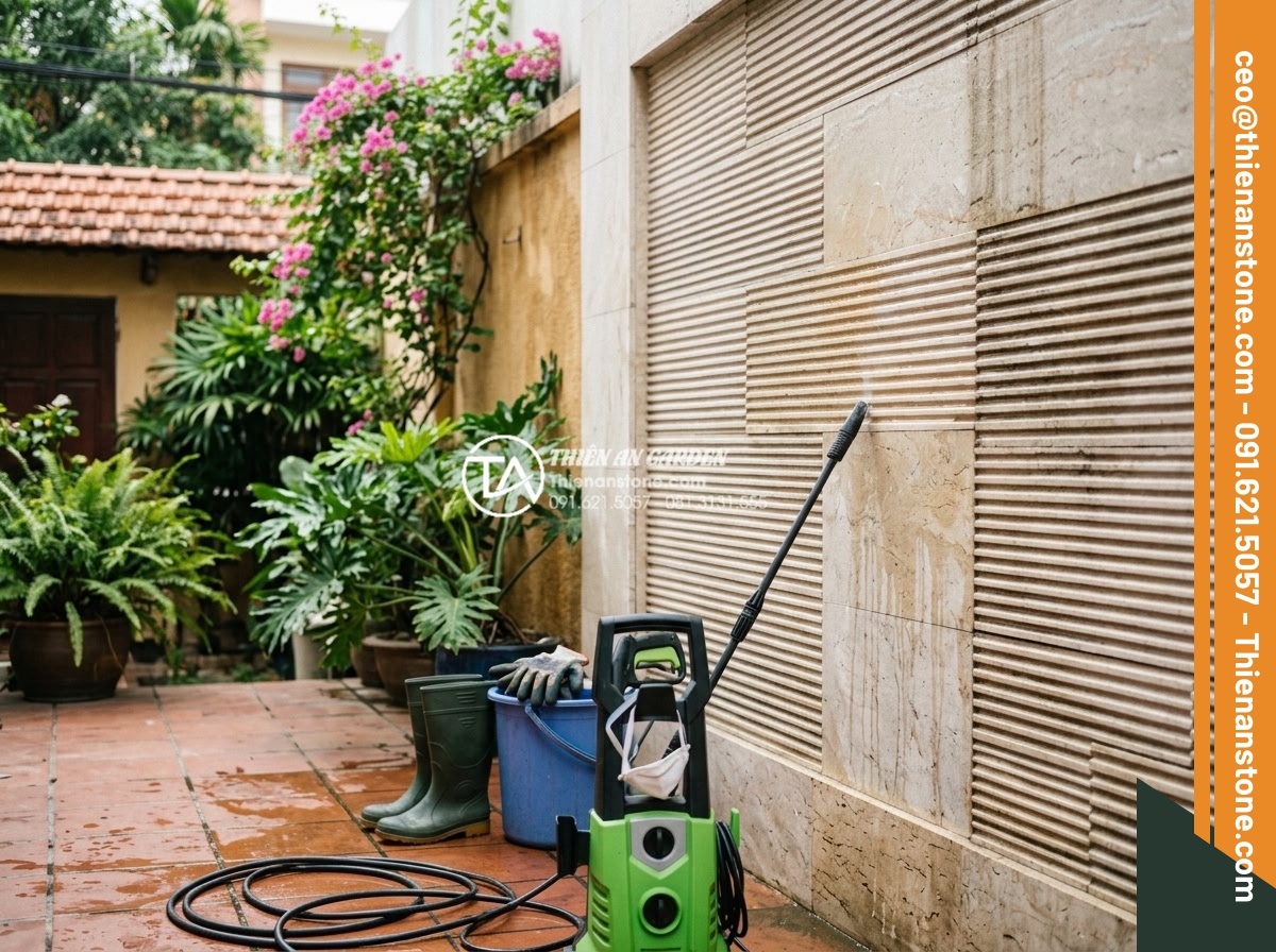 Đá răng lược có bị rêu mốc không? Bí quyết bảo quản đá luôn mới - Homeowner safely cleaning serrated natural stone surface with pressure washer an