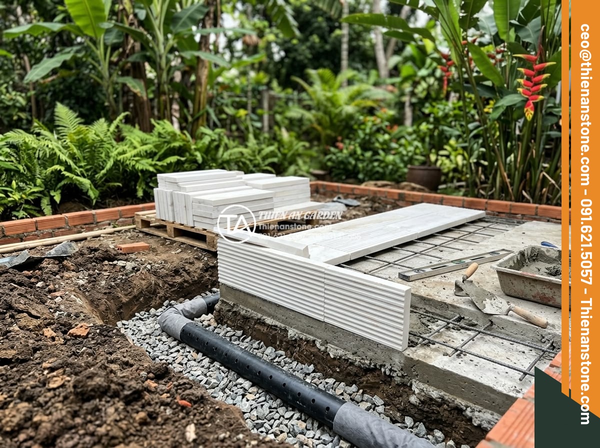 Đá răng lược có bị rêu mốc không? Bí quyết bảo quản đá luôn mới - Professional installation process of comb tooth stone in garden landscaping with