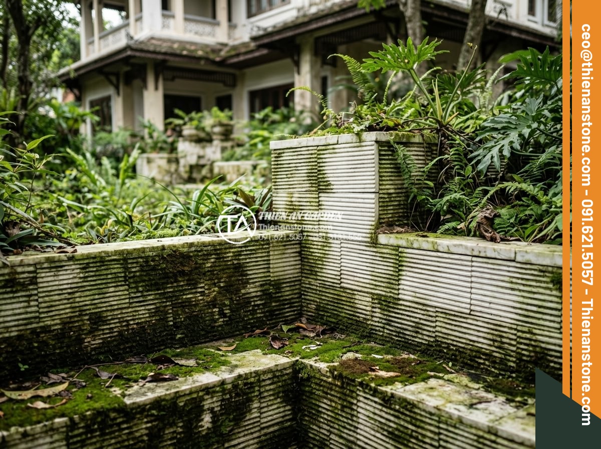 Đá răng lược có bị rêu mốc không? Bí quyết bảo quản đá luôn mới - Luxury villa garden showing negative impact of heavy moss coverage on comb tooth