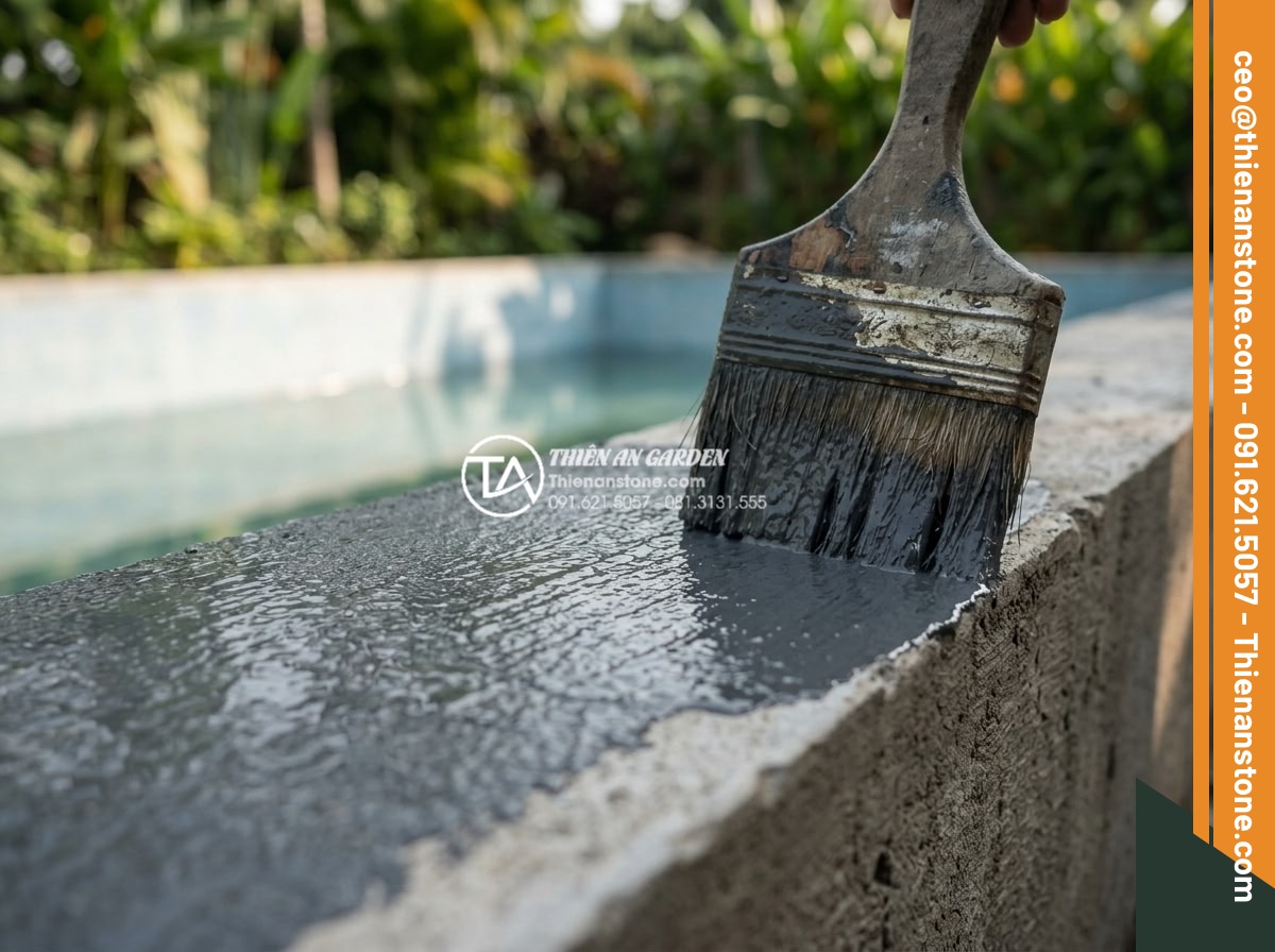 Đá răng lược có dùng được cho khu vực hồ bơi không? Những lưu ý quan trọng - Hình 11 Đá răng lược có dùng được cho khu vực hồ bơi không? Những lưu ý quan trọng - Step-by-step waterproofing process illustration for da rang luoc stone around sw