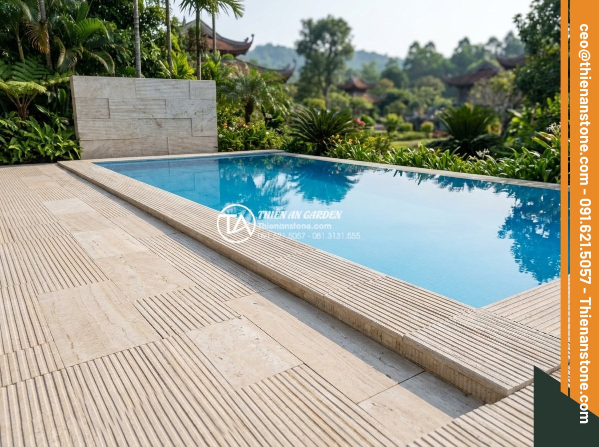 Đá răng lược có dùng được cho khu vực hồ bơi không? Những lưu ý quan trọng - Hình 16 Đá răng lược có dùng được cho khu vực hồ bơi không? Những lưu ý quan trọng - Finished luxury swimming pool with da rang luoc stone surround ready for use, sh