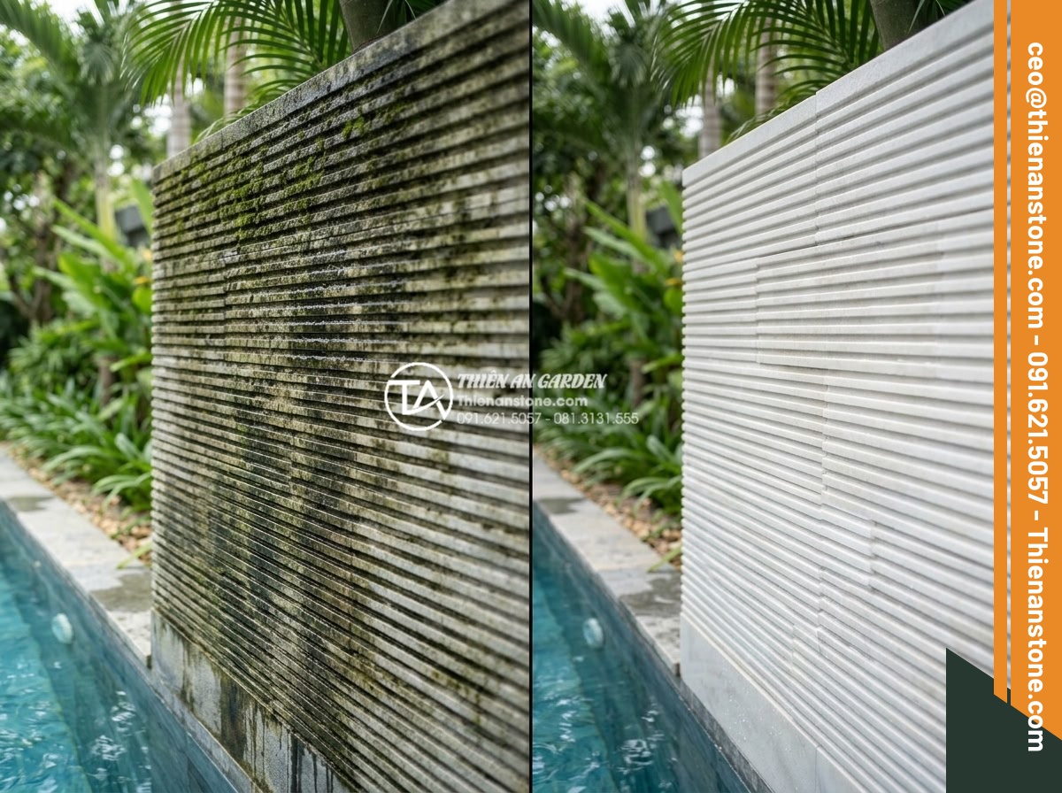 Đá răng lược có dùng được cho khu vực hồ bơi không? Những lưu ý quan trọng - Hình 9 Đá răng lược có dùng được cho khu vực hồ bơi không? Những lưu ý quan trọng - Before and after comparison of da rang luoc stone in wet pool area showing poten