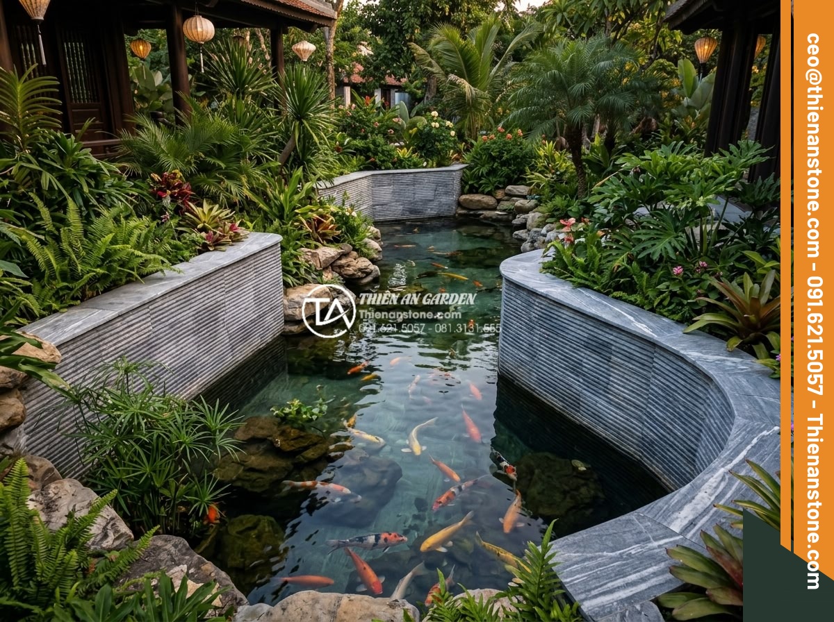 Đá răng lược đen: Vẻ đẹp huyền bí và đẳng cấp cho không gian sống - Serene outdoor Koi pond surrounded by black comb-tooth stone walls and natural r