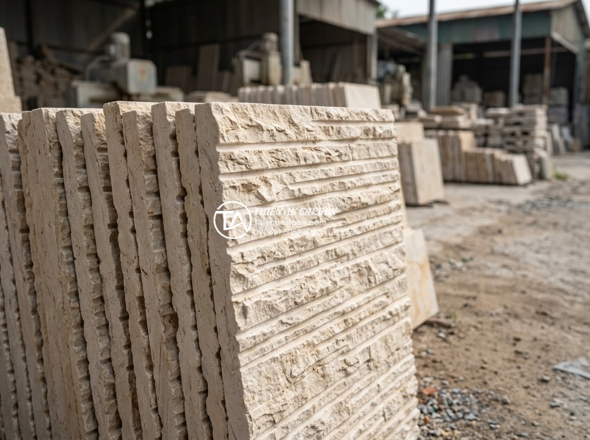 Đá răng lược ốp tường: Giải pháp trang trí mặt tiền và nội thất hiện đại - Close-up detailed view of Vietnamese natural tooth comb stone slabs stacked for 