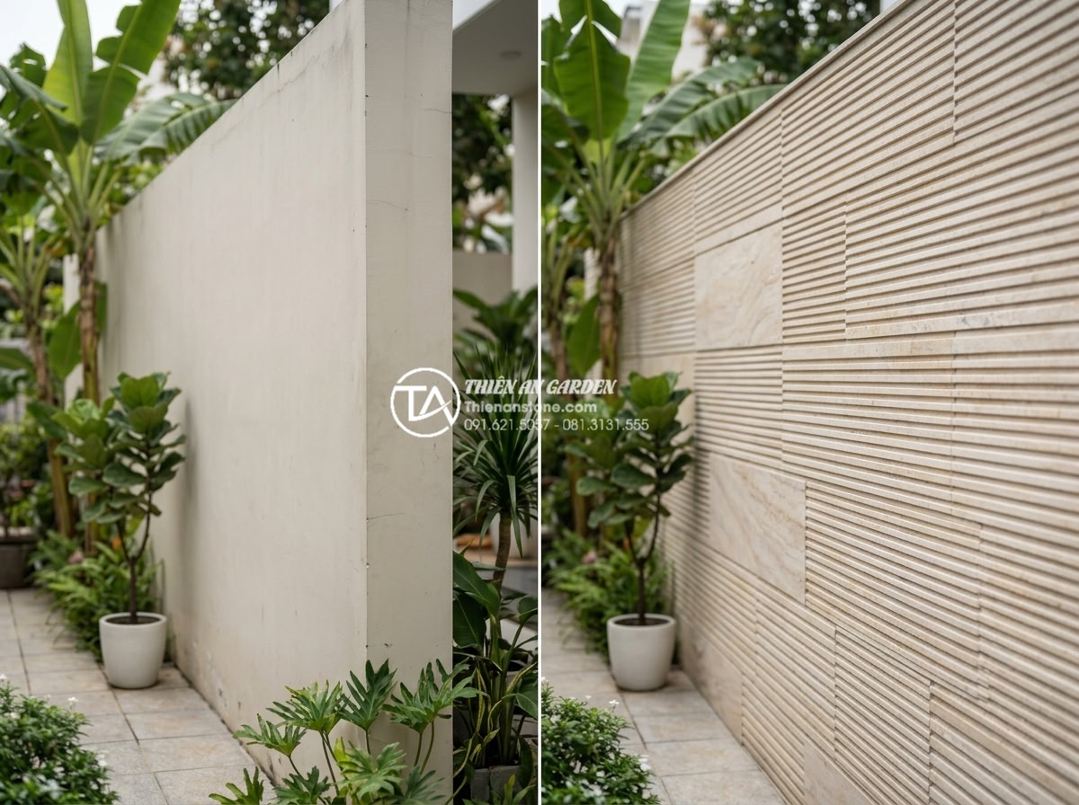 Đá răng lược ốp tường: Giải pháp trang trí mặt tiền và nội thất hiện đại - Before and after comparison style image showing a plain wall transformed into lu