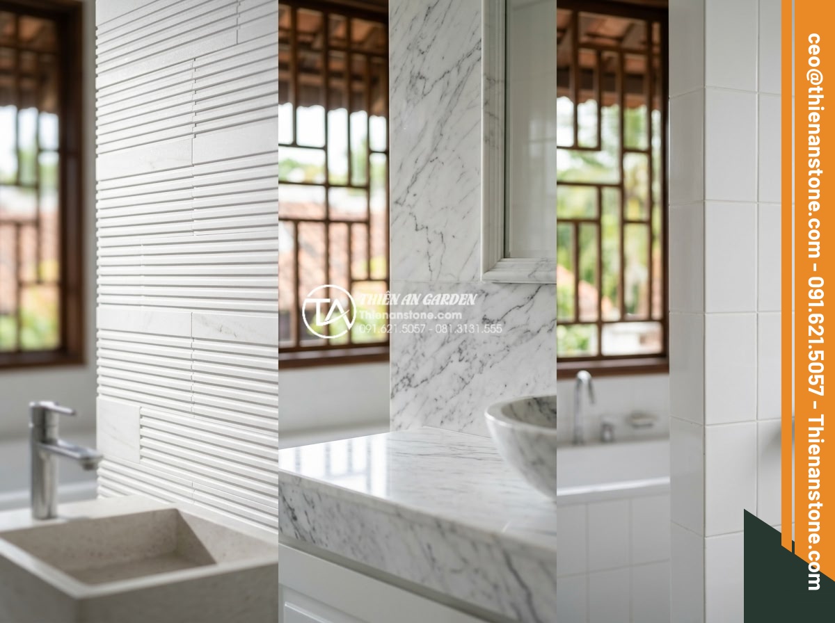 Đá răng lược trắng ốp phòng tắm: Giải pháp chống trơn trượt và thẩm mỹ - Comparison chart visualization of white comb tooth stone versus marble and ceram